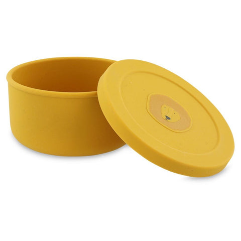 4. Yellow silicone snack container with lid removed, showing interior, featuring Mr. Lion design by Trixie Baby