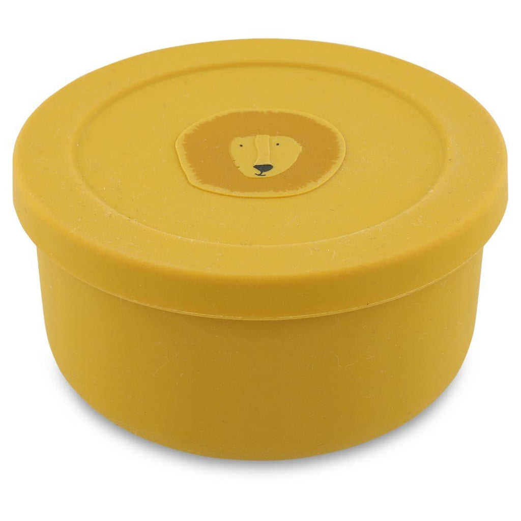 1. Yellow silicone snack container with Mr. Lion face on lid, designed for children, by Trixie Baby
