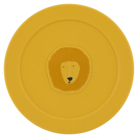 3. Top view of yellow silicone lid with Mr. Lion face, part of Trixie Baby snack container