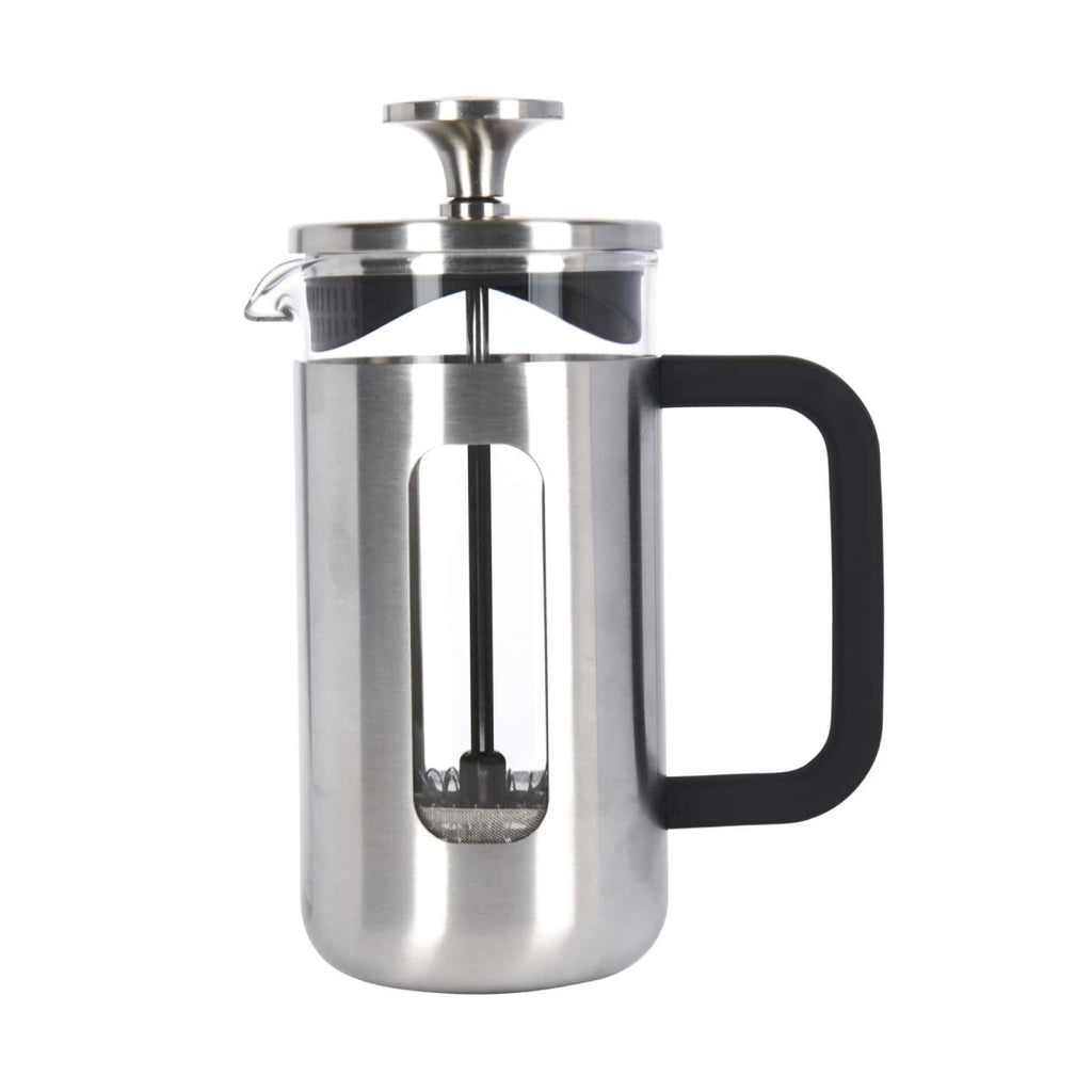 2. La Cafetière Pisa Coffee Maker in silver with black handle, stainless steel body, and glass beaker on white background