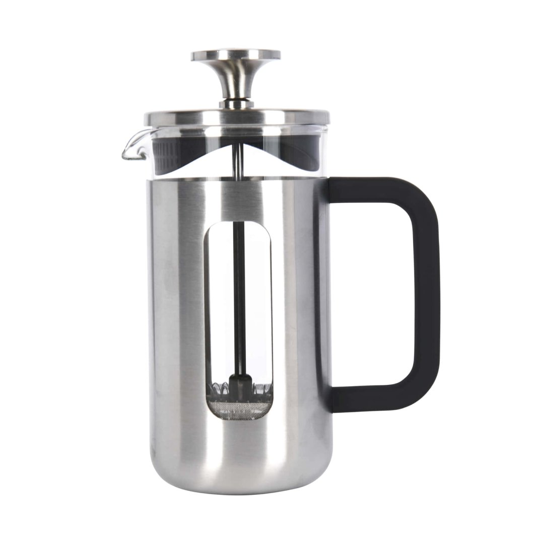 2. La Cafetière Pisa Coffee Maker in silver with black handle, stainless steel body, and glass beaker on white background