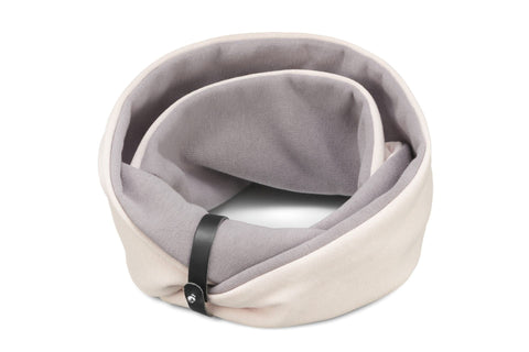 2. Simo neck warmer in white sand and steel grey with elegant leather belt, made of 80% cotton and 20% polyester, shown in studio setting highlighting its cozy and stylish design for dogs
