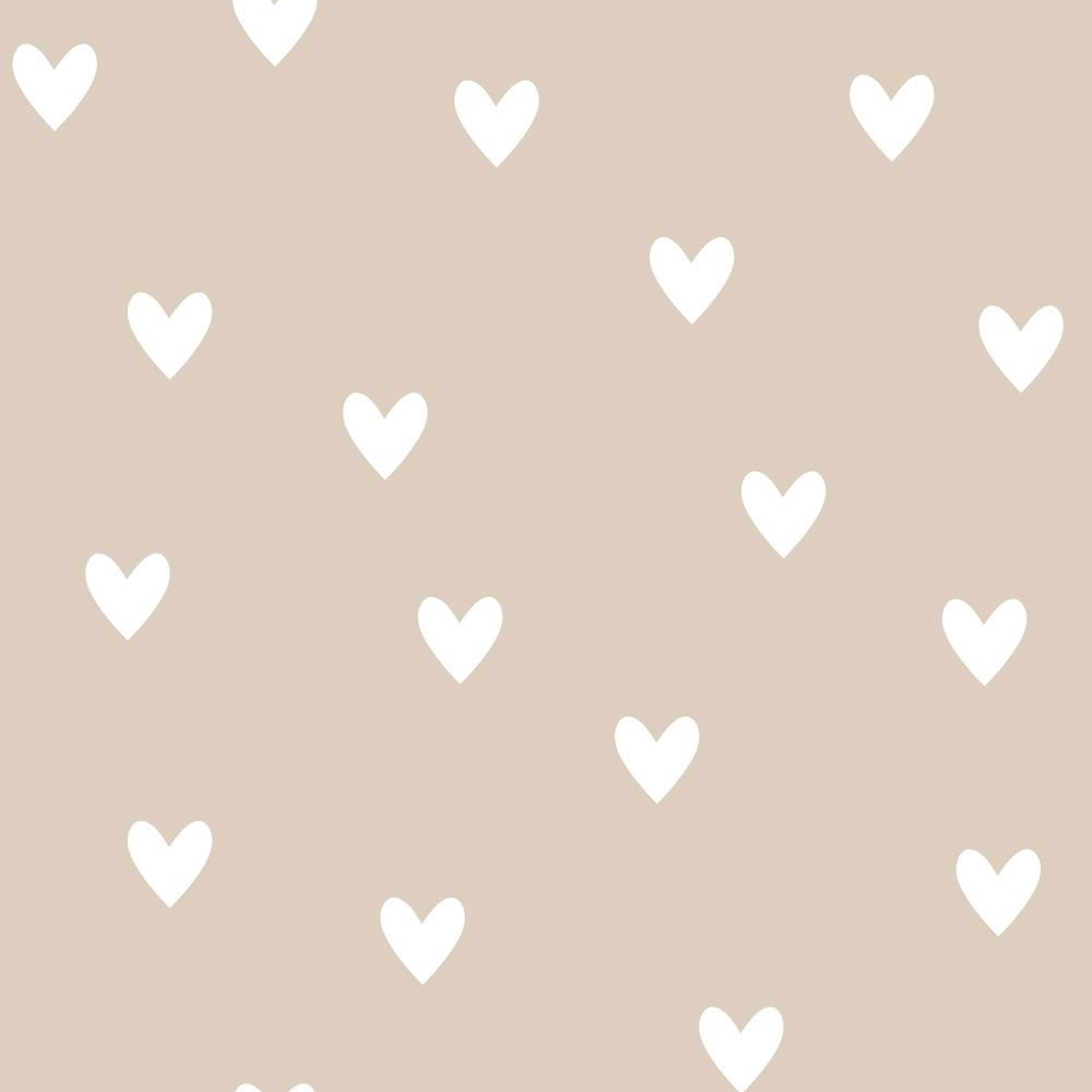 1. Beige wallpaper with scattered white hearts pattern, suitable for children's rooms, made from durable matte paper by Dekornik.