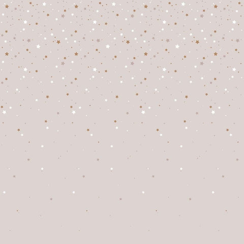 2. Powder pink wallpaper with scattered white and gold stars by Dekornik, shown in a studio setting