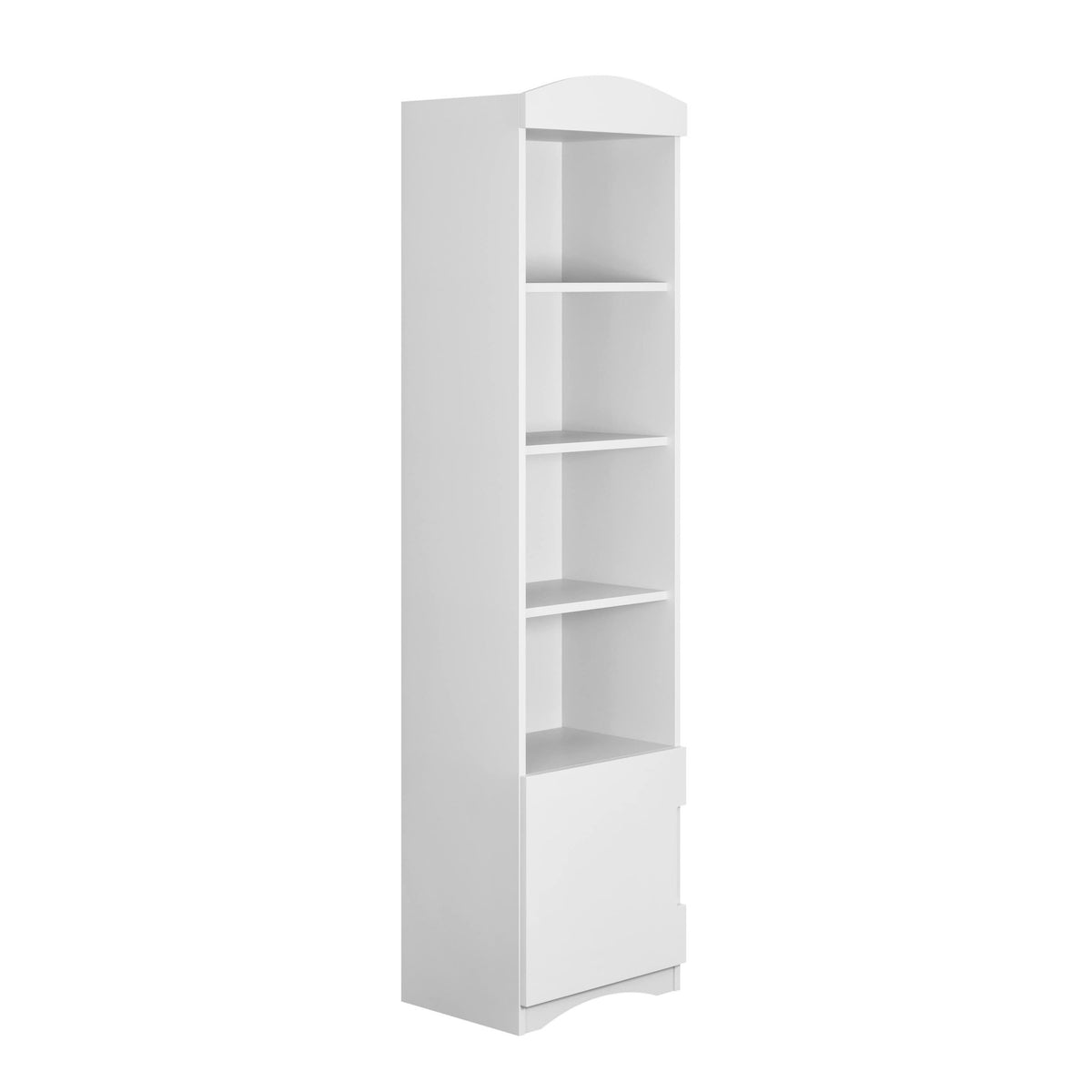 2. Angled view of white single bookshelf with four open shelves and one closed compartment, studio setting