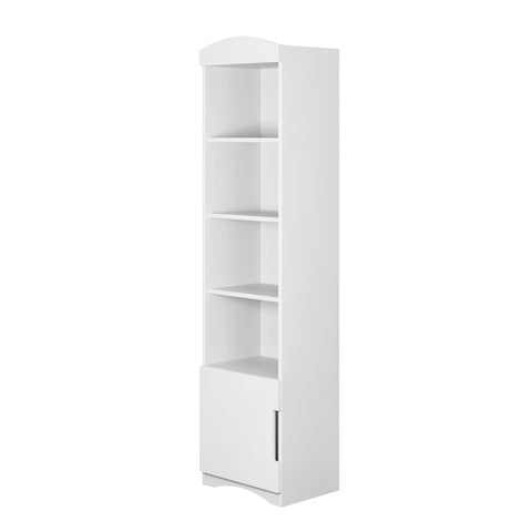2. Side view of white single bookshelf with four open shelves and one closed compartment, studio setting