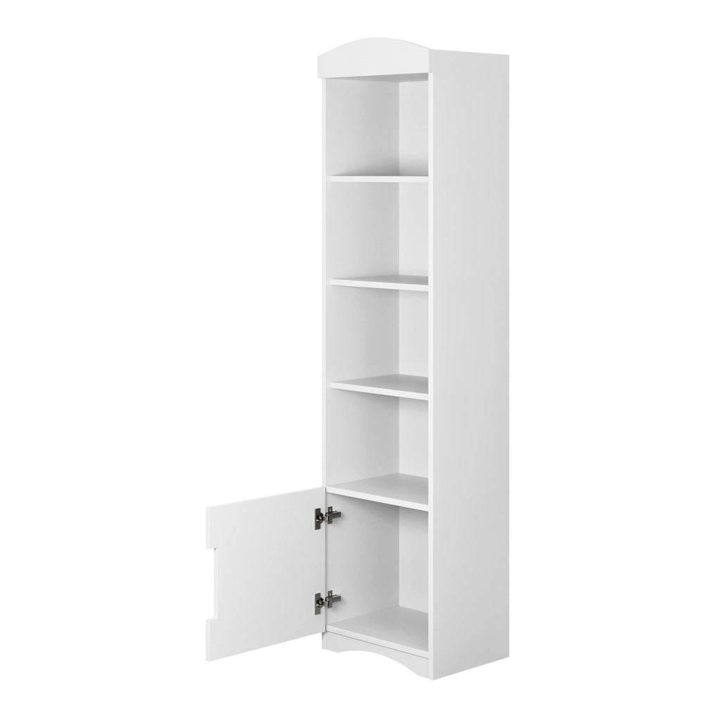 3. White single bookshelf with open door showing interior shelves, studio setting