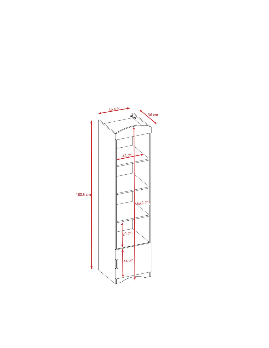 5. Size chart for white single bookshelf showing dimensions in centimeters