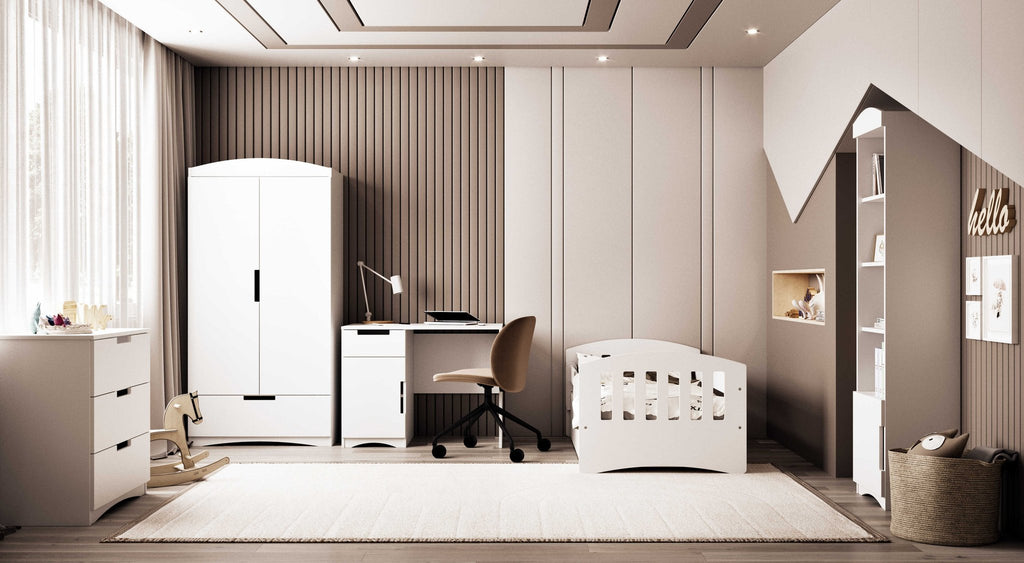 1. Children's room with white furniture set including bookshelf, crib, and desk, natural lighting