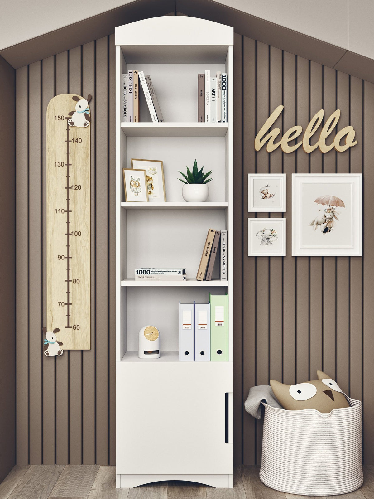 1. White single bookshelf in children's room with books, plant, and decor, against wood panel wall