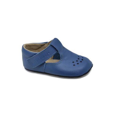 5. Side view of Omaking Mutsu blue kids' slipper with adjustable Velcro fastener