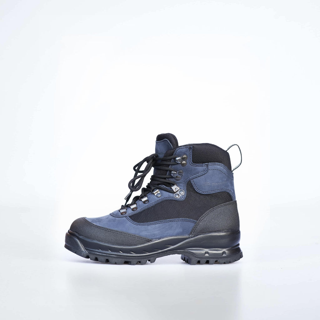 1. Samelin 550 Navy hiking boots in studio, showcasing waterproof nubuck leather and textile upper with Vibram sole
