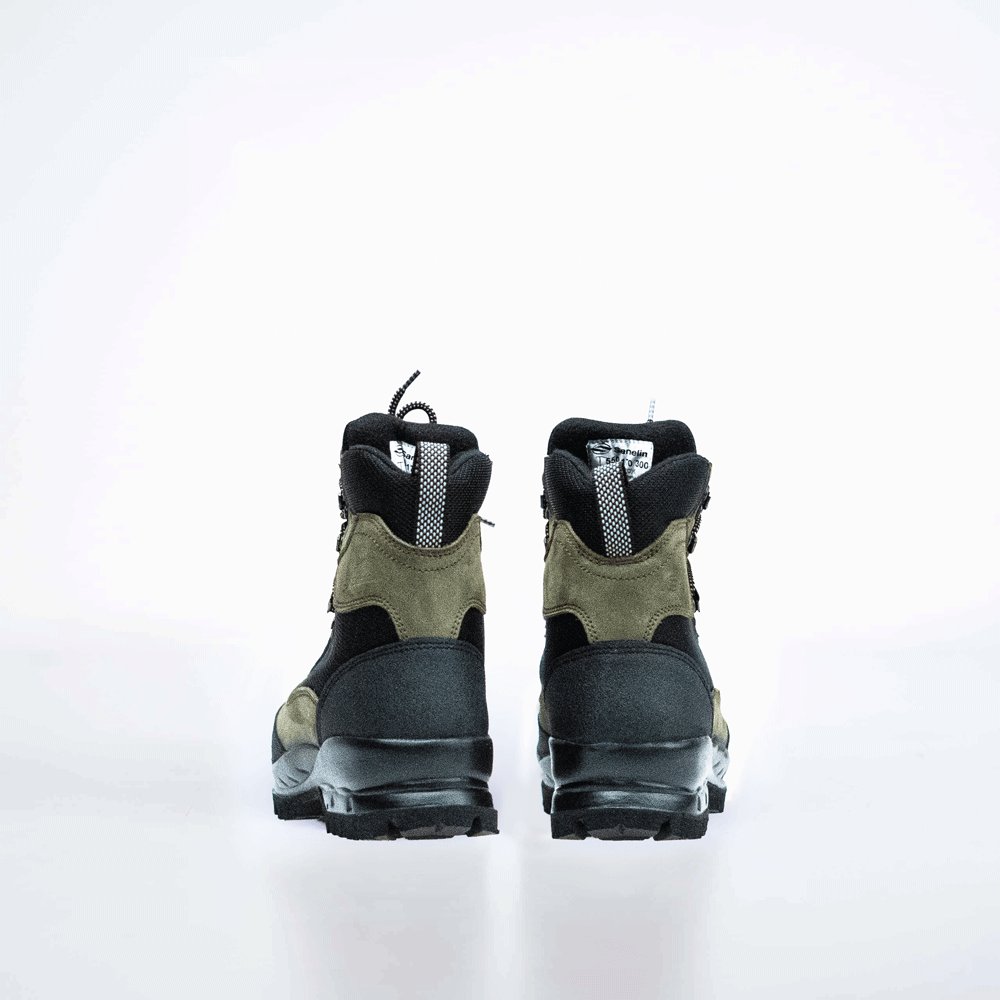 3. Back view of Samelin 550 Lichene hiking boots in green and black, studio setting