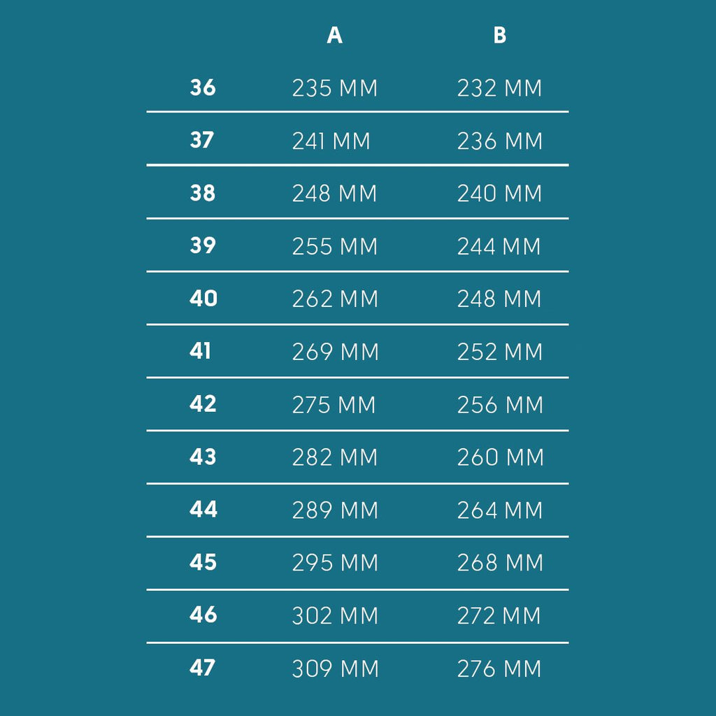 9. Size chart for KIRA 3.0 Chelsea Boots, showing sizes 36–47 in mm