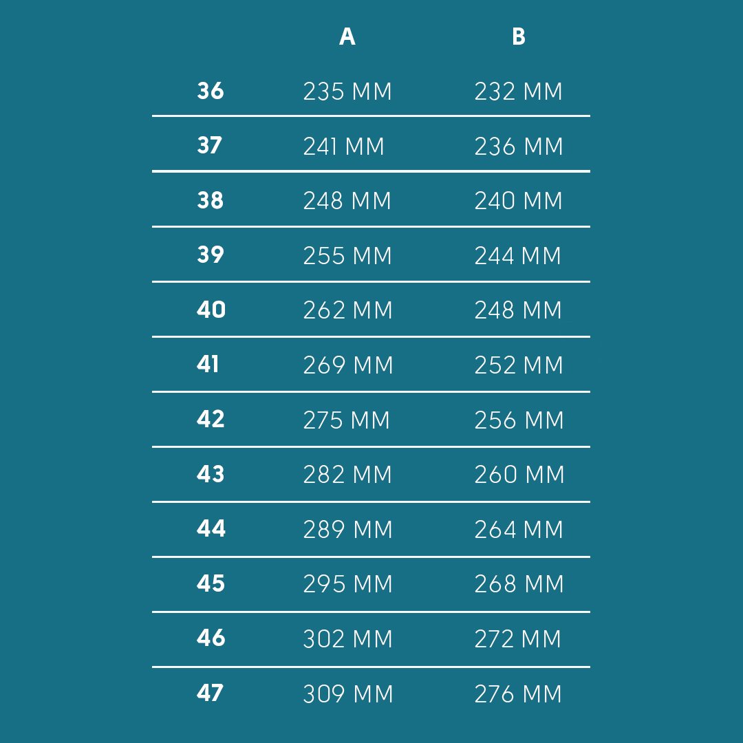 9. Size chart for KIRA 3.0 Chelsea Boots, showing sizes 36–47 in mm