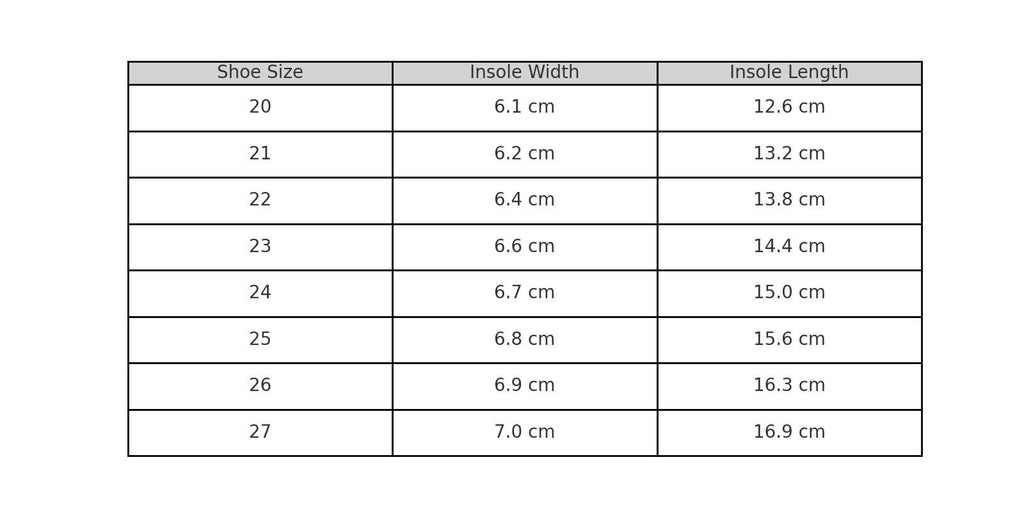6. Size chart for Hip-Hop Punsa Kids Barefoot Slippers, showing insole width and length for sizes 20-27