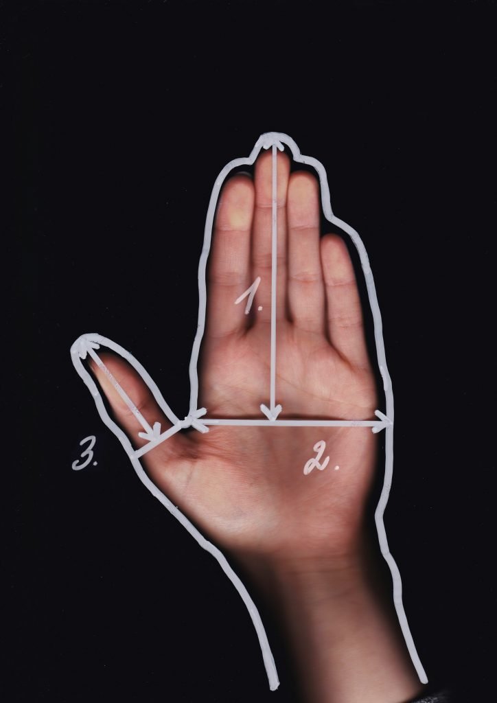 2. Size chart for HERTTA mittens, showing hand measurement guide with labeled dimensions