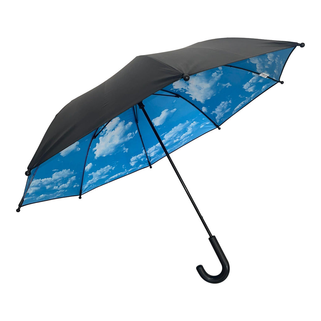 1. Children's umbrella with black exterior and sky-themed interior featuring clouds, designed for safety and fun