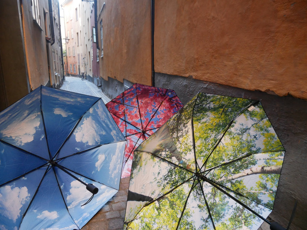 12. Three umbrellas with different prints, including Sky Lake, in narrow alley