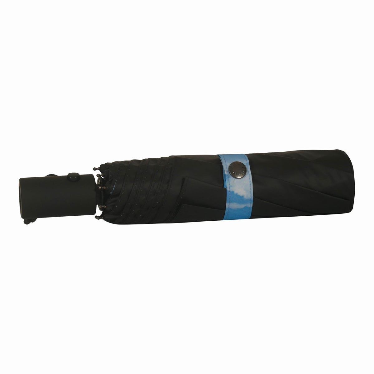 7. Closed Sky Lake umbrella with black exterior and blue strap, compact size