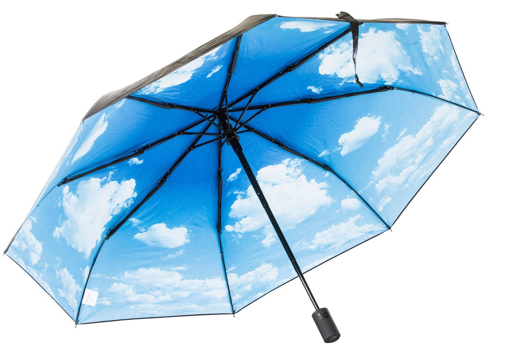 4. Sky Lake umbrella with blue cloud print, open with black handle and frame