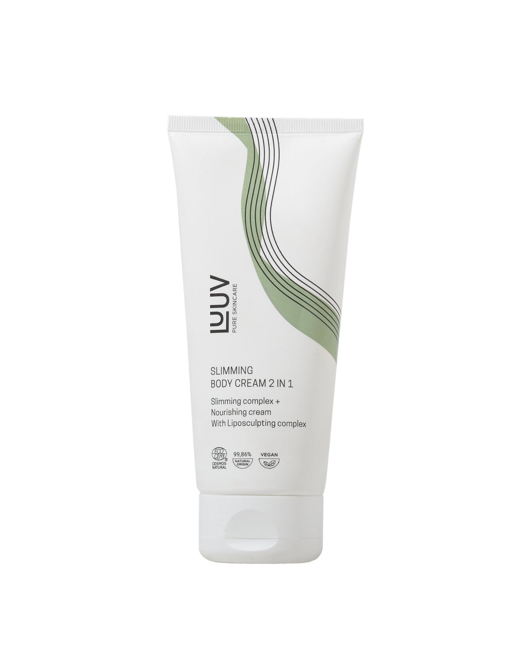 6. Studio shot of LUUV Slimming Body Cream 2 in 1 with white background, highlighting product details