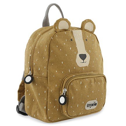 2. Side view of Trixie Baby Mr. Bear small backpack showing bear face design and side pocket