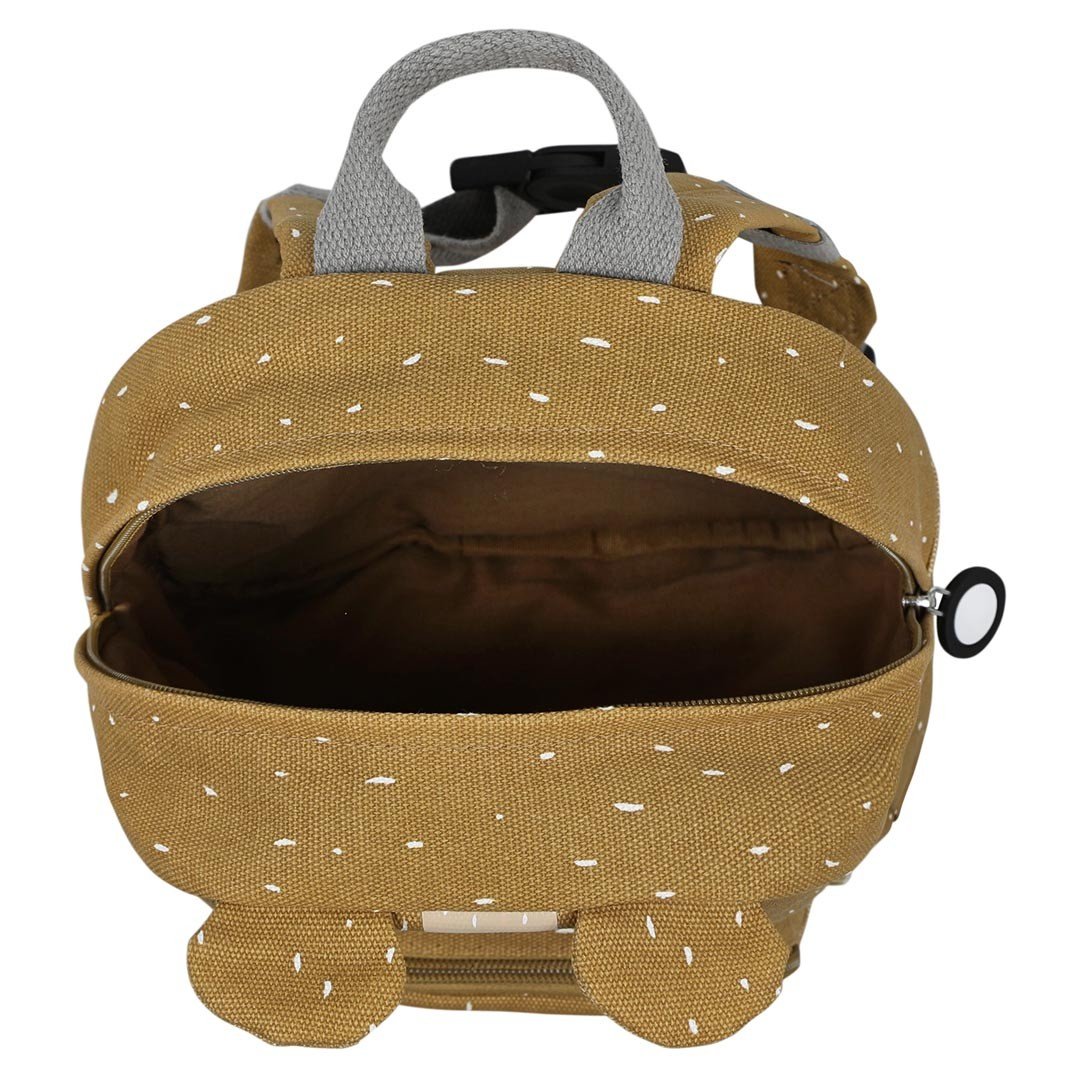 3. Interior view of Trixie Baby Mr. Bear small backpack showing main compartment with brown lining