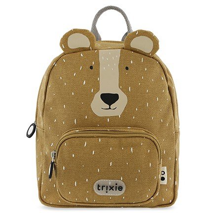 2. Front view of Trixie Baby Mr. Bear small backpack with bear face design, brown color, and front pocket with logo
