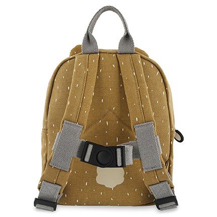 3. Back view of Trixie Baby Mr. Bear small backpack showing adjustable grey straps and chest strap