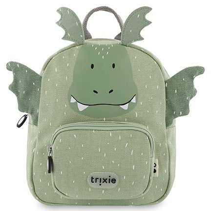 1. Green dragon-themed children's backpack with Trixie logo and front pocket, featuring playful dragon face and wings