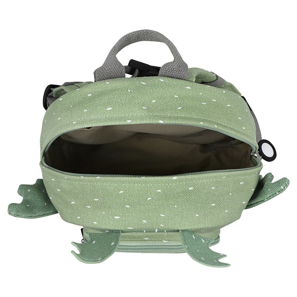 11. Open top view of green dragon-themed backpack showing interior space and dragon wings
