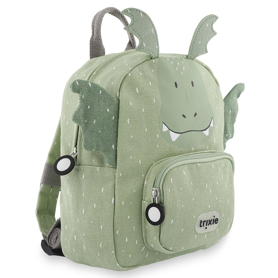 3. Side view of green dragon-themed backpack with front pocket and dragon wings