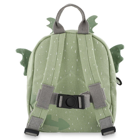 2. Back view of green dragon-themed backpack showing adjustable padded straps and chest strap