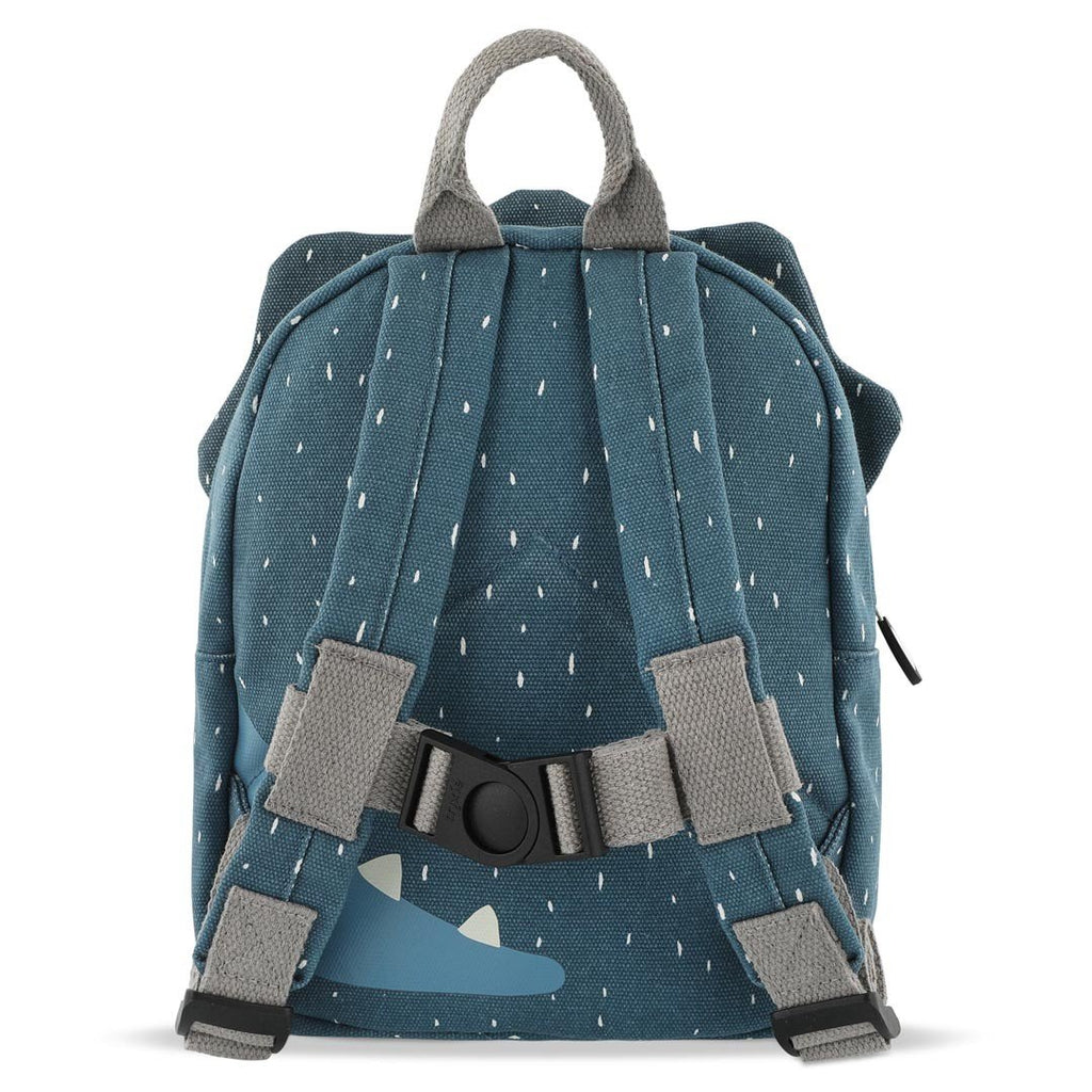 4. Back view of Trixie Baby's Mr. Triceratops small backpack in blue with adjustable padded shoulder straps and chest strap