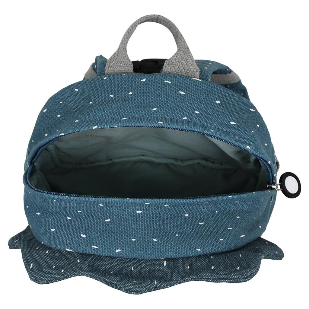 3. Open view of Trixie Baby's Mr. Triceratops backpack showing spacious interior with blue lining and large zipper puller