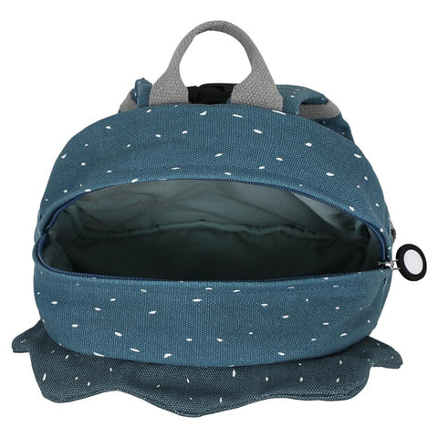 3. Open view of Trixie Baby's Mr. Triceratops backpack showing spacious interior with blue lining and large zipper puller