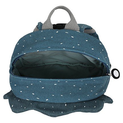 3. Open view of Trixie Baby's Mr. Triceratops backpack showing spacious interior with blue lining and large zipper puller