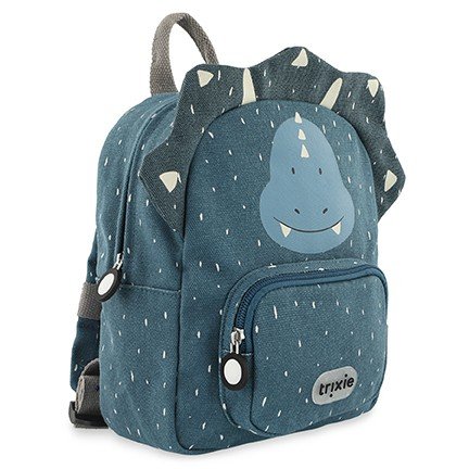 2. Side view of Trixie Baby's Mr. Triceratops small backpack in blue with dinosaur face and horn details, showing front pocket and adjustable straps