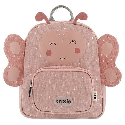2. Front view of Trixie Baby Mrs. Butterfly backpack in pink with smiling butterfly face