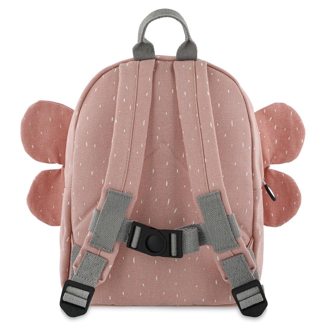 2. Back view of Trixie Baby Mrs. Butterfly backpack showing padded straps and chest buckle