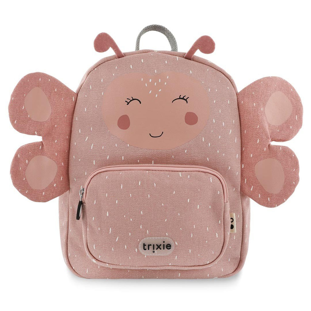 2. Front view of Trixie Baby Mrs. Butterfly small backpack in pink with butterfly design and front pocket