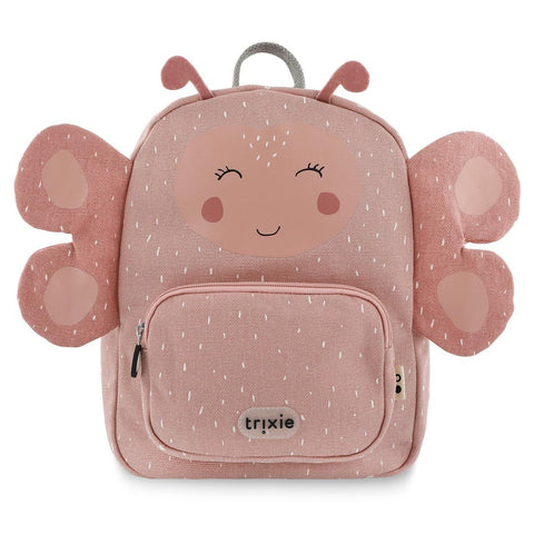 2. Front view of Trixie Baby Mrs. Butterfly small backpack in pink with butterfly design and front pocket