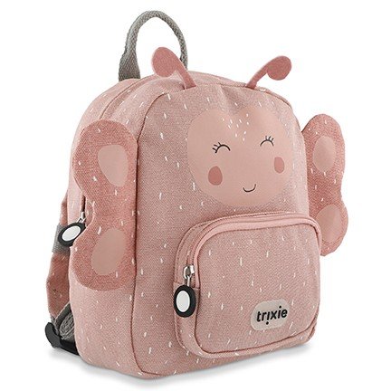 2. Side view of Trixie Baby Mrs. Butterfly backpack in pink with butterfly wings and front pocket