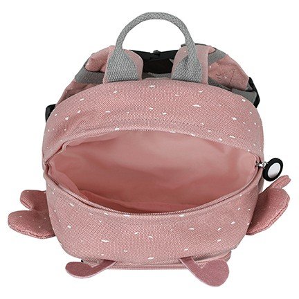3. Open main compartment of pink Trixie Baby Mrs. Butterfly backpack showing interior space