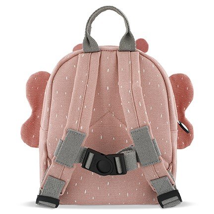 2. Back view of Trixie Baby Mrs. Butterfly backpack showing adjustable straps and chest strap