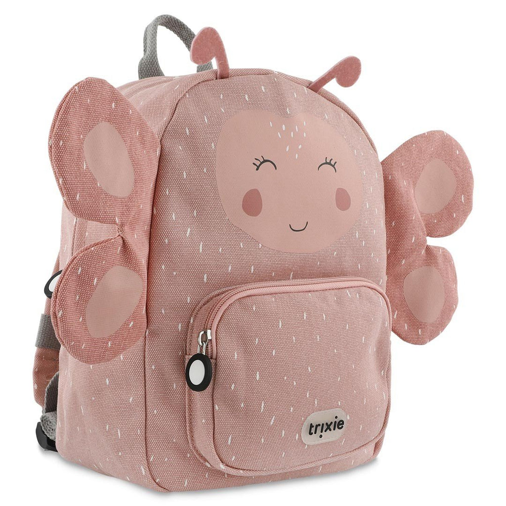 2. Angled view of Trixie Baby Mrs. Butterfly backpack in pink with butterfly wings and front pocket