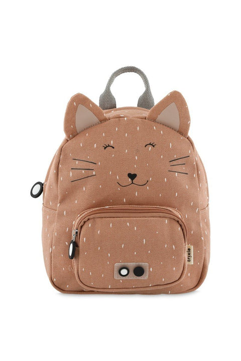 1. Front view of Trixie Baby's Mrs. Cat small backpack in brown with cat face design, featuring ears and whiskers, on a white background