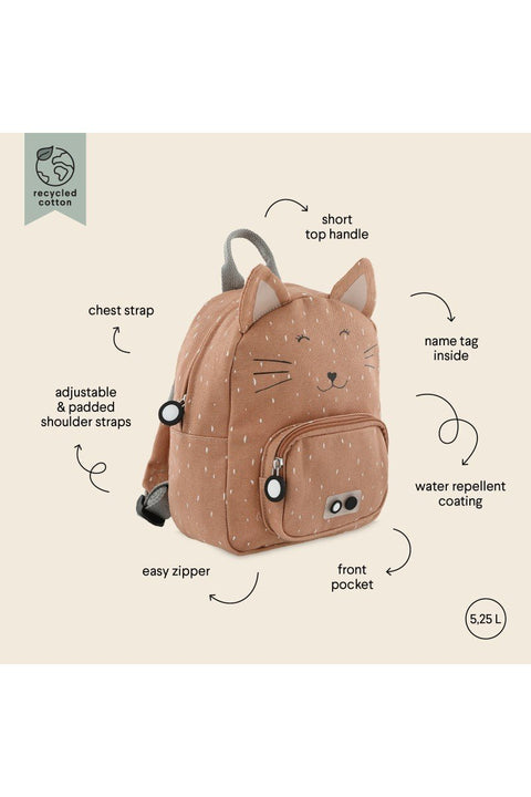 2. Trixie Baby's Mrs. Cat small backpack in brown with labeled features including chest strap, adjustable straps, and water-repellent coating on beige background