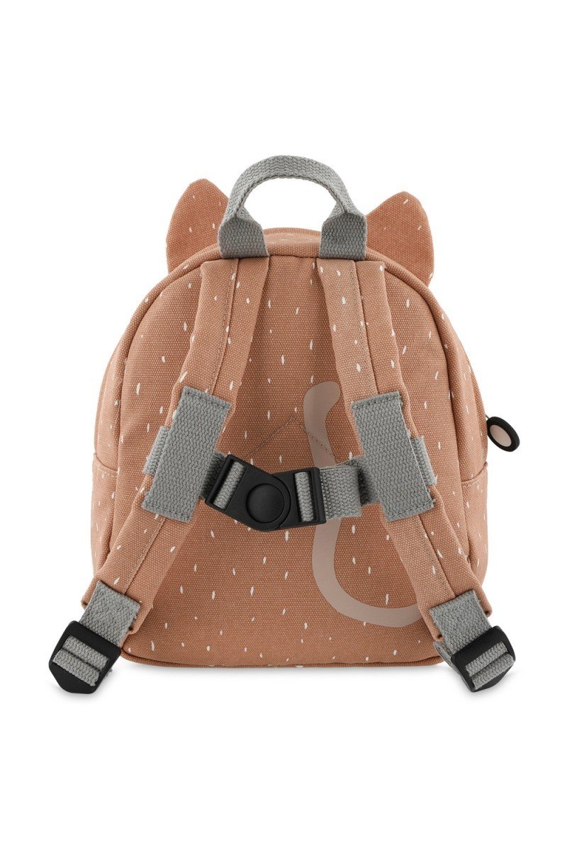 3. Back view of Trixie Baby's Mrs. Cat small backpack in brown showing adjustable grey shoulder straps and chest strap